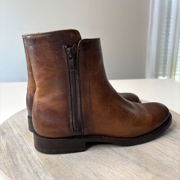 Frye Women's Veronica Brown Leather Zip Booties Biker Boots‎ US Size 7 1/2 - Picture 2 of 11